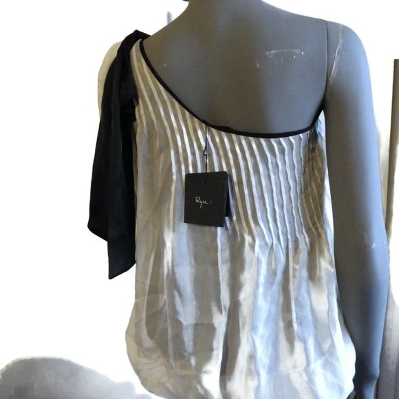 Romantic RYU Blouse One-Shoulder Anthropologie Sheer Cream over Black MED - Picture 2 of 4